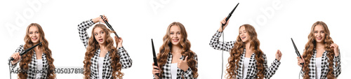 Fotografie, Obraz Set of beautiful young woman with curling iron for hair isolated on white