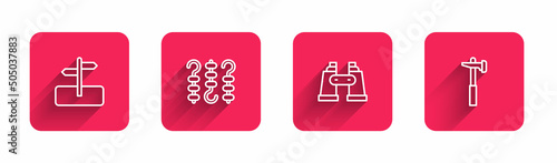 Set line Road traffic sign, Grilled shish kebab on skewer, Binoculars and Hammer with long shadow. Red square button. Vector