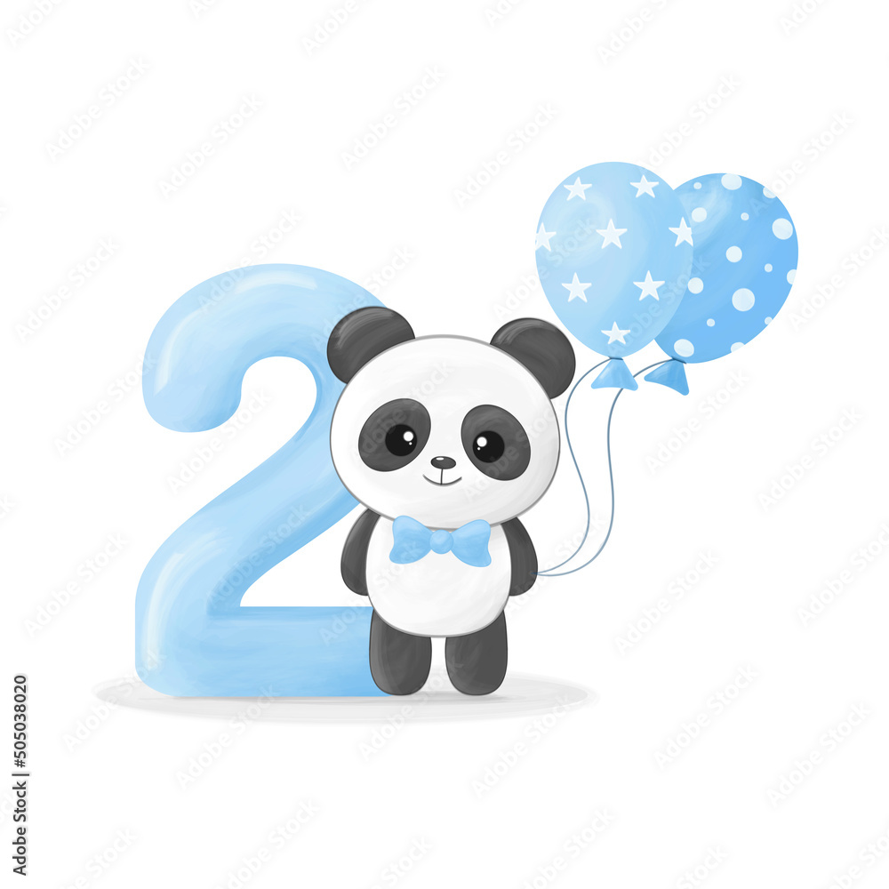 Cute little panda boy with figure two, blue balloon and bow tie. Happy birthday greeting card. Vector illustration Cute little panda boy with figure two, blue balloon and bow tie. Happy birthday greeting card. Vector illustration