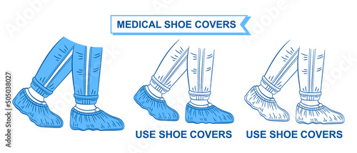Medical shoe covers icon set. Use sterile protective overshoes in hospital. Blue personal disposable foot uniform. Wear surgical plastic footwear bag. Hygiene protection floor from dirt outline vector photo