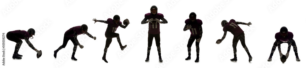 Many silhouettes of American football player isolated on white