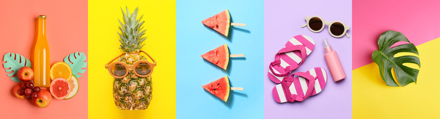 Collage of beach accessories with tropical leaf, fresh fruits and bottle of cocktail on color background. Hello summer