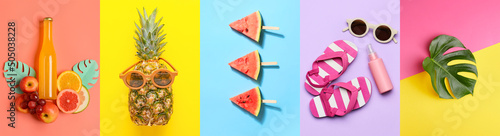 Collage of beach accessories with tropical leaf, fresh fruits and bottle of cocktail on color background. Hello summer photo