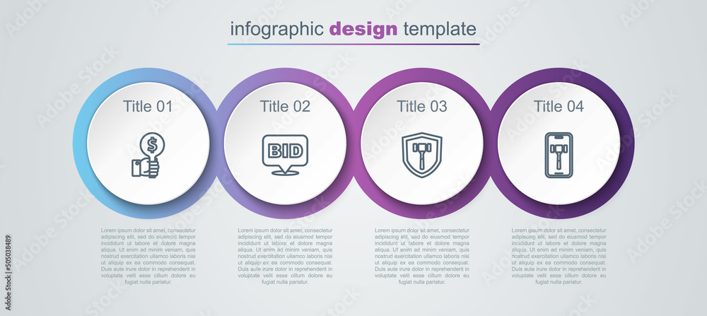 Set line Hand holding auction paddle, Bid, Auction hammer and Online. Business infographic template. Vector