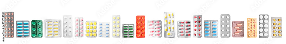 Set of blister packs with different pills on white background - obrazy, fototapety, plakaty 