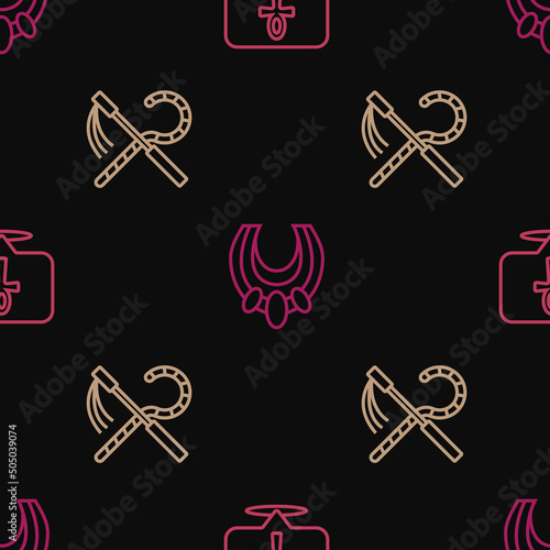 Set line Cross ankh, Crook and flail and Egyptian necklace on seamless pattern. Vector