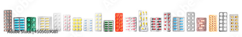 Fotografija Set of blister packs with different pills on white background