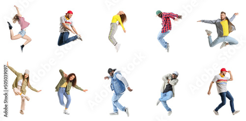 Set of hip-hop dancers on white background