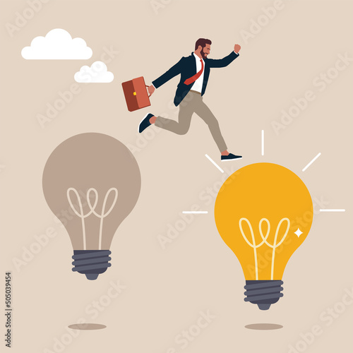 Smart businessman jump from old to new shiny lightbulb idea. Business transformation, change management or transition to better innovative company, improvement and adaptation to new normal concept.