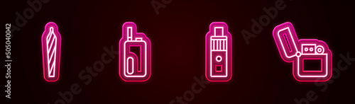 Set line Marijuana joint, spliff, Electronic cigarette, Vape mod device and Lighter. Glowing neon icon. Vector