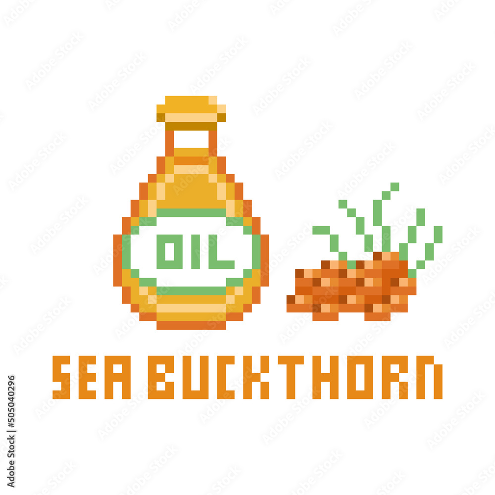 Sea buckthorn oil in a glass bottle and a branch with berries and leaves, 8 bit pixel art icon on white background. Healthy natural skin care product. Organic cosmetics ingredient. Eco beauty routine.