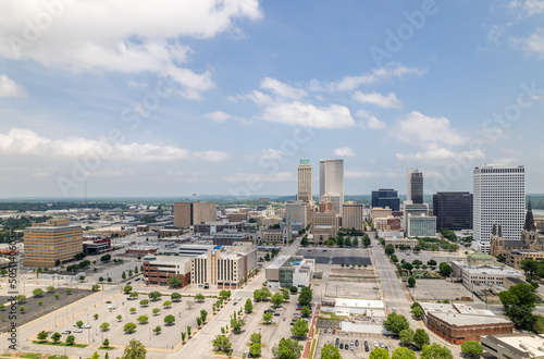 Tulsa Oklahoma Downtown Skyline Buildings Scattered Clouds Aerial View