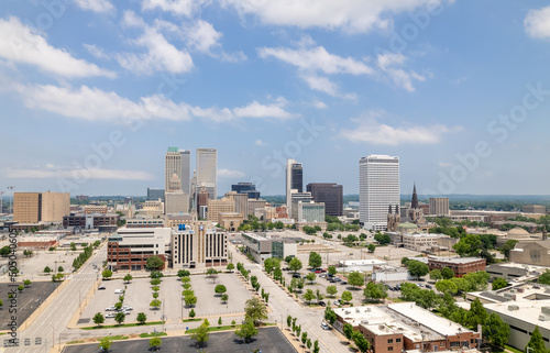 Tulsa Oklahoma Downtown Skyline Buildings Parking Lot Scattered Clouds Aerial View