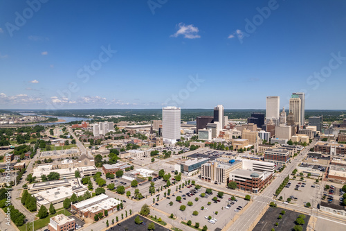 Tulsa Oklahoma Downtown Skyline Parking Lot Scattered Clouds Blue Sky Aerial View