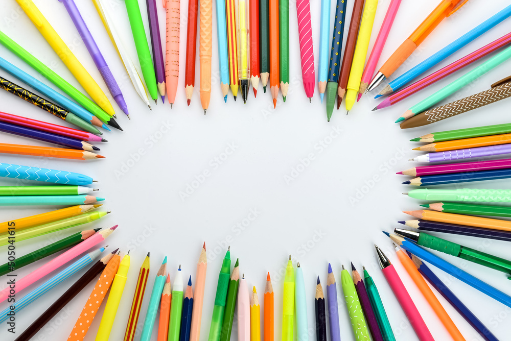 Frame made of colorful pencils on white background Frame made of colorful pencils on white background