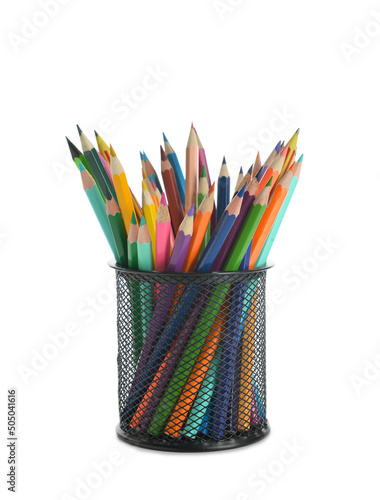 Holder with colorful pencils on white background