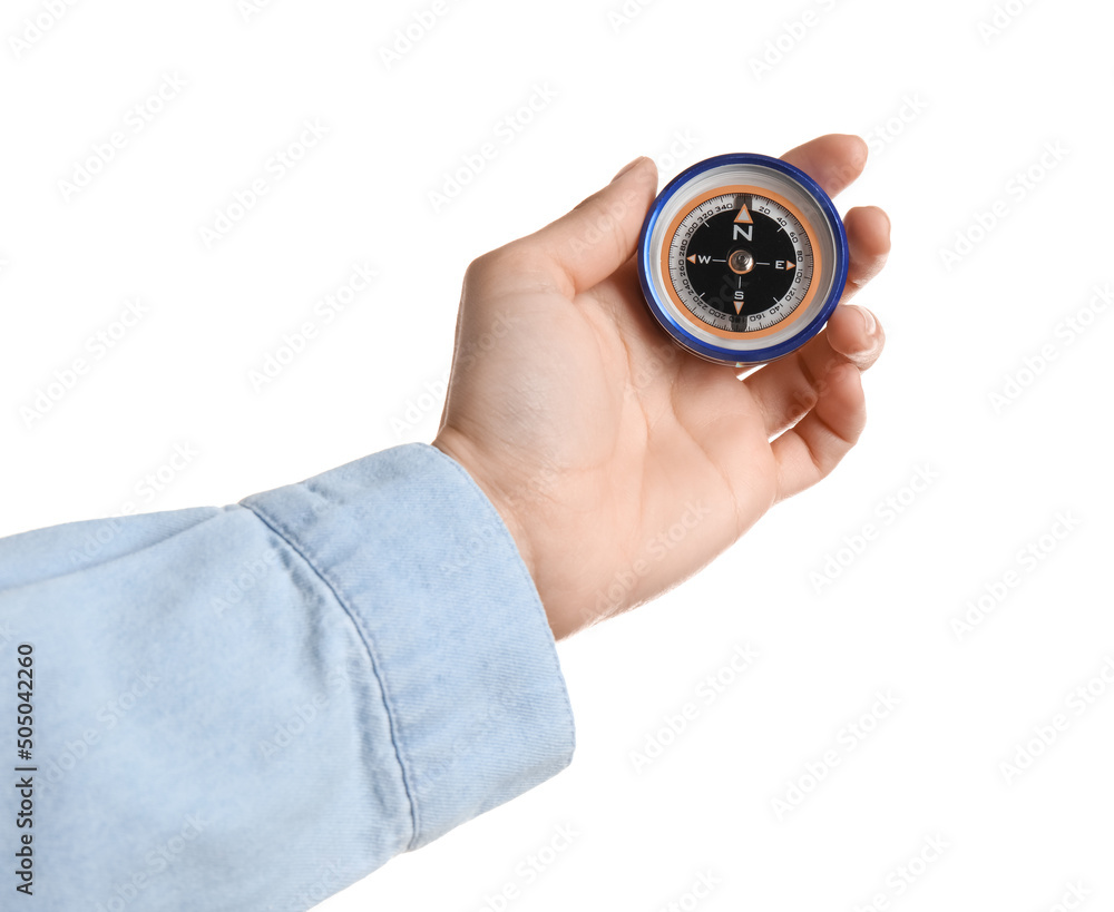 Woman holding compass on white background Woman holding compass on white background