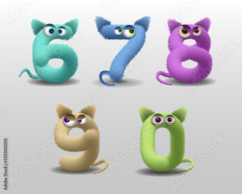 Alphabet with cute fur monster character 6 to 0