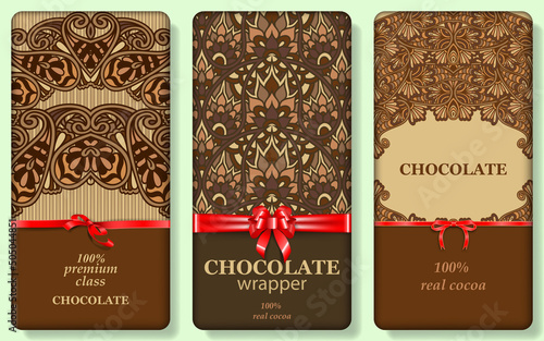 Chocolate bar packaging mock up design set. Organic Choco packaging mockup. Trendy luxury product branding template with paisley doodling pattern.