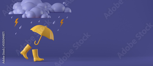 3d cartoon rain season rubber boots and yellow umbrella on dark purple background. concept for banner, cover, poster, brochure. 3d rendering illustration
