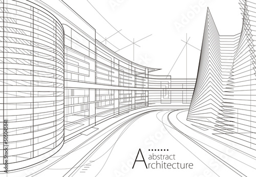 3D illustration Imagination architecture building construction perspective design,abstract modern urban building out-line black and white drawing.