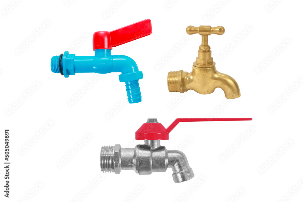 water-supply ,PVC and alloy faucet two style or water valve, isolated on white background with clipping path include for design usage purpose. water-supply ,PVC and alloy faucet two style or water valve, isolated on white background with clipping path include for design usage purpose.