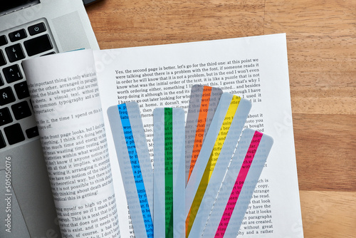 Reading rulers, coloured overlays to help reading for people with dyslexia.