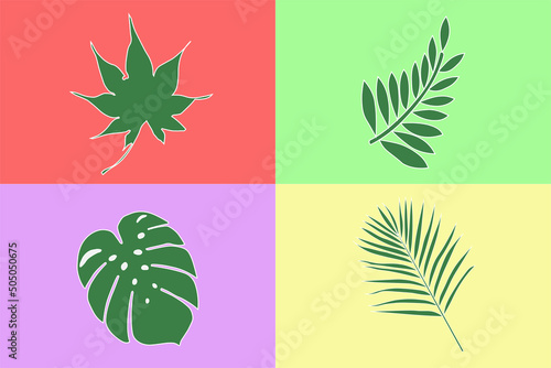Various leafy graphics on four opposite colored backgrounds. as a vector for decoration or background