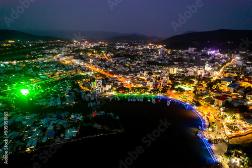 Aerial View of night Duong Dong town, Phu Quoc, Vietnam, this is central crowded and bustling in the Gulf of Thailand.