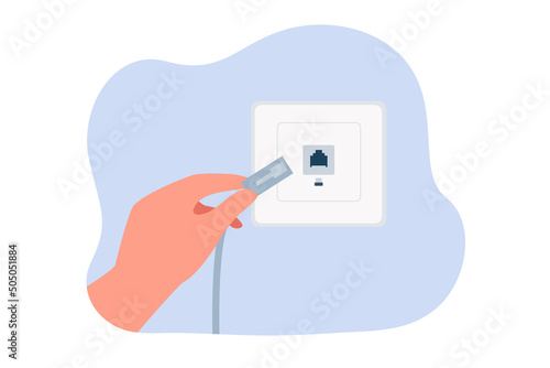 Hand plugging internet cable into wall socket. Network cable, Wi-Fi connection flat vector illustration. Internet, technology concept for banner, website design or landing web page