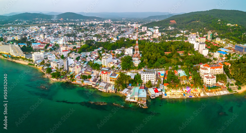 Duong Dong town, Phu Quoc, Vietnam, aerial view, this is the central town in south of Phu Quoc island, crowded and bustling in the Gulf of Thailand.