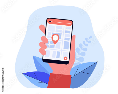 Hand holding phone with city map and location pin on screen. Destination marker on cellphone screen flat vector illustration. Navigation, transportation, technology concept for banner, website design