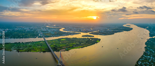 Can Tho bridge, Can Tho city, Vietnam, aerial view sunset sky. Can Tho bridge is famous bridge in mekong delta, Vietnam.