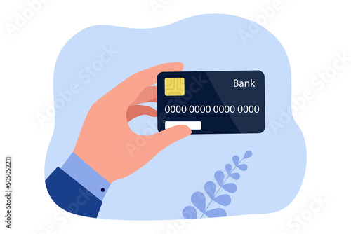 Hand of businessman or entrepreneur holding credit card. Person using digital payment method flat vector illustration. Finances, banking, shopping, wealth concept for banner or landing web page
