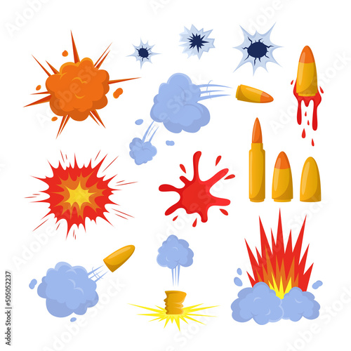 Comic bullet trace and holes cartoon illustration set. Orange gun flashes or burst, clouds of smoke, blood traces on white background. Pop art illustration. Explosion, bang, weapon, detonation concept