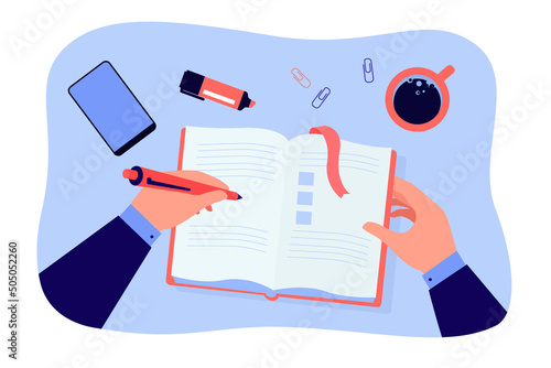 Hands of worker writing to do list in diary or planner. Employee or student planning schedule flat vector illustration. Time management, organization concept for banner, website design or landing page