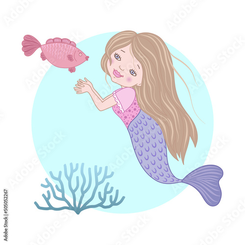 Cute mermaid with a fish and a sea plant in cartoon style. A mysterious water nymph with blonde hair. Vector illustration.