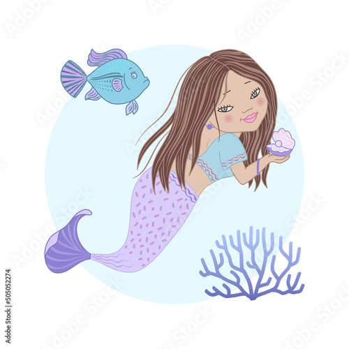 Cute mermaid with a fish, a shell with a pearl and a sea plant in cartoon style. A mysterious water nymph with long hair. Vector illustration.