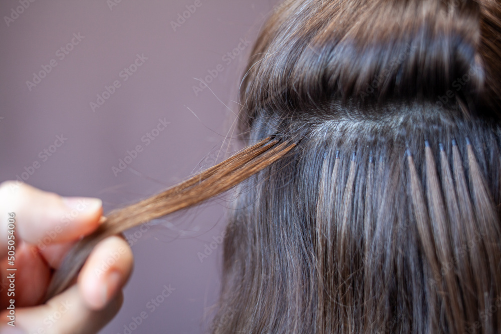 Obraz premium Bundles of hair extensions on a woman's head. Hair extensions to thicken your own. Individual strands of hair close-up