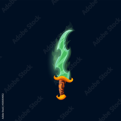 Fantasy elvish magic sword with green wavy blade covered with magician haze and decorated gold handle. Cartoon medieval vector elven dagger or saber, knight weapon icon, rpg game single ui asset