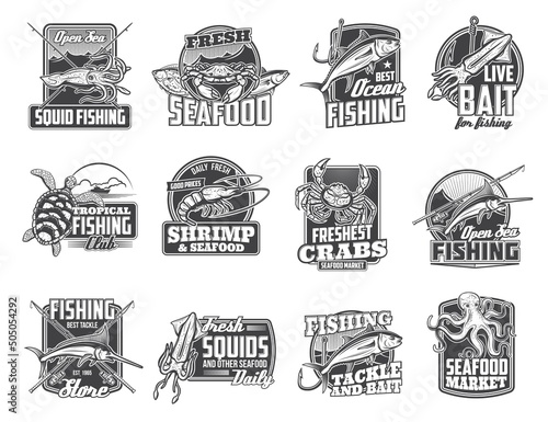 Sea fishing and seafood market isolated vector icons. Fisher tackle for sea crab, ocean marlin and squid, turtle and octopus. Fishing club, sea food catch and fishery store monochrome emblems set