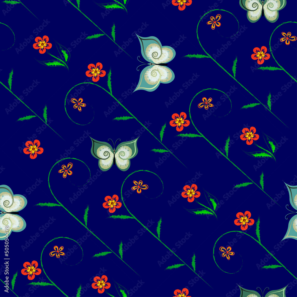 White Butterfly moths with red small flowers on a dark blue background with a floral pattern in pastel technique. Vector Seamless Beautiful background for fabric design, shawls White Butterfly moths with red small flowers on a dark blue background with a floral pattern in pastel technique. Vector Seamless Beautiful background for fabric design, shawls