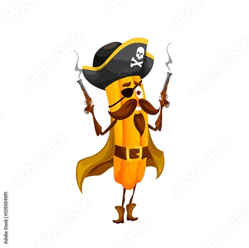 Cartoon mexican churros pirate captain character. Happy vector tex mex fastfood filibuster wear cocked hat, eye patch and cape holding steaming guns. Funny fast food buccaneer game personage