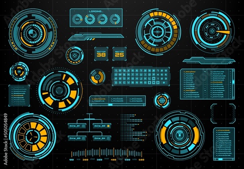 HUD futuristic infographics and screen interface panels with speedometer, visual data and loading bar, keypad and info box set. HUD interface vector frame, neon virtual panels and electronic graphs