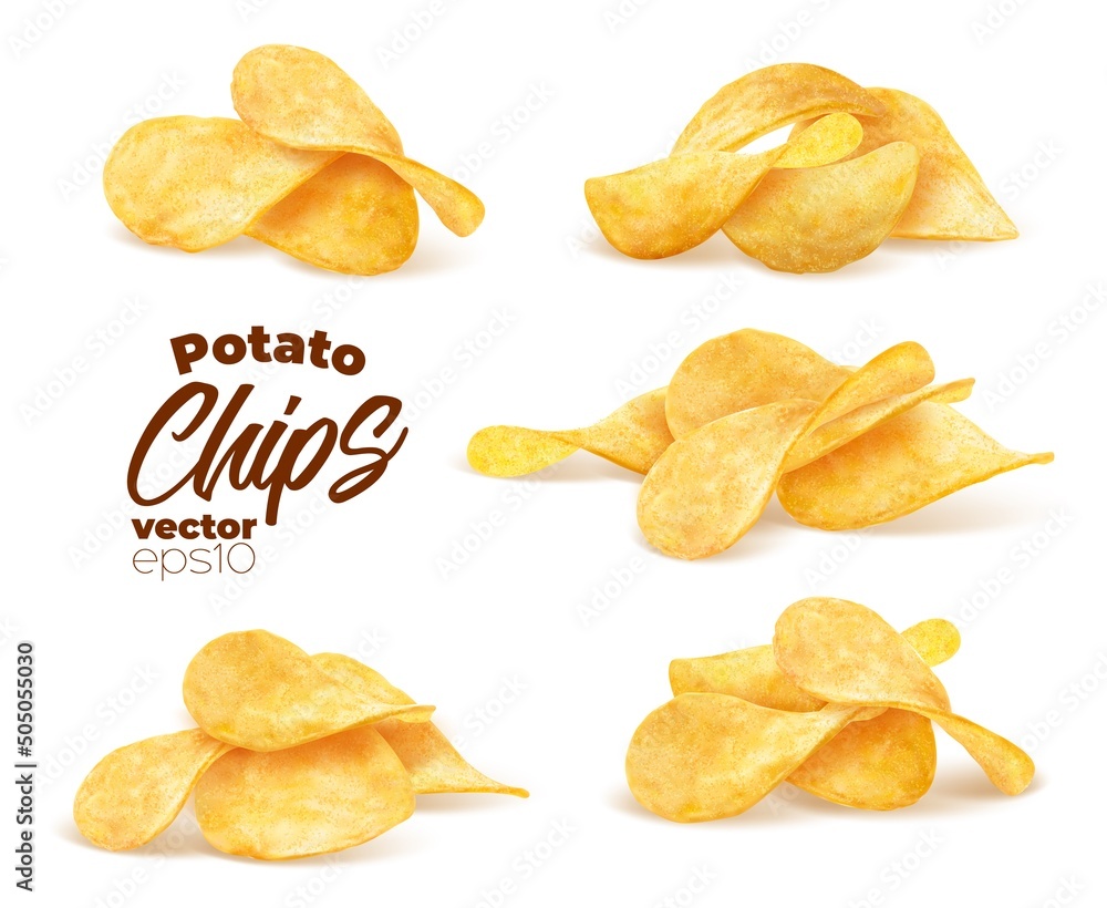Crispy potato chips stack, pile and heap, realistic 3D vector with crunchy wavy snack pieces bunches. Isolated chips for advertising, package or promo ads, delicious food, ripple meal