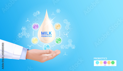 Probiotics lactic acid bacterium in milk, yogurt. Doctor hand holding milk drop and medical icon. Health benefits of taking probiotics. Digestion healthcare concept. On blue background vector.