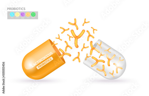 Probiotics lactic acid bacterium in milk, yogurt. Lactococcus orange inside capsule transparent. Health benefits of taking probiotics. Digestion healthcare medical concept. Vector EPS10.