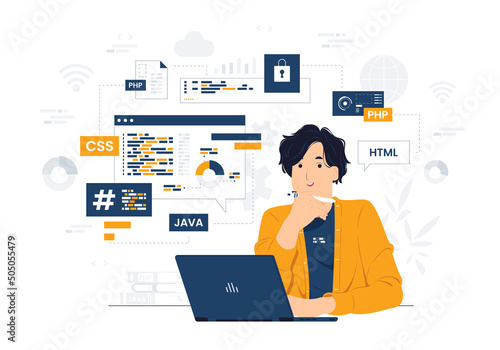 Vector concept illustration Programmer, engineer with laptop sitting at the office desk holding a pen while coding and developing flat cartoon style