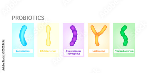 Probiotics lactic acid bacterium in milk, yogurt. Label Bifidobacterium, lactobacillus, streptococcus thermophilus, lactococcus, propionibacterium. Digestion healthcare concept. Vector EPS10.