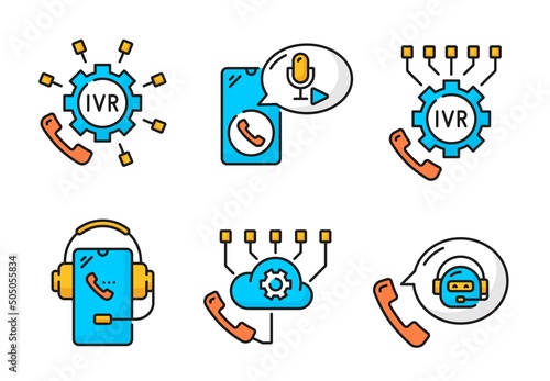 Color IVR icons, interactive voice response application for telephony automated phone call. Vector outline smartphone, phone tube, headphones, gear, microphone and cloud or chatbot linear symbols